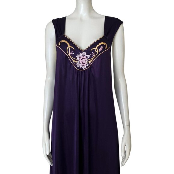 Vintage 70s Vanity Fair Purple Embroidered Slip Long Nightgown M/L Romantic Glam - Picture 7 of 14